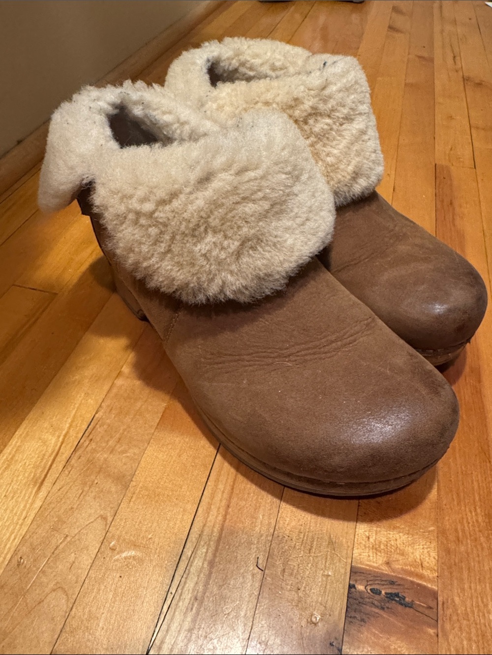 Women’s Shearling-Trim Brown Suede Clog Boot